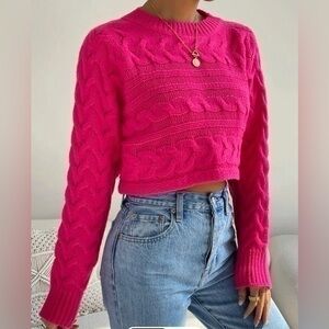 Cable Knit Batwing Sweater Hot Pink Cropped